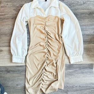 SHEIN Tan and White Long Sleeve Ruched Dress